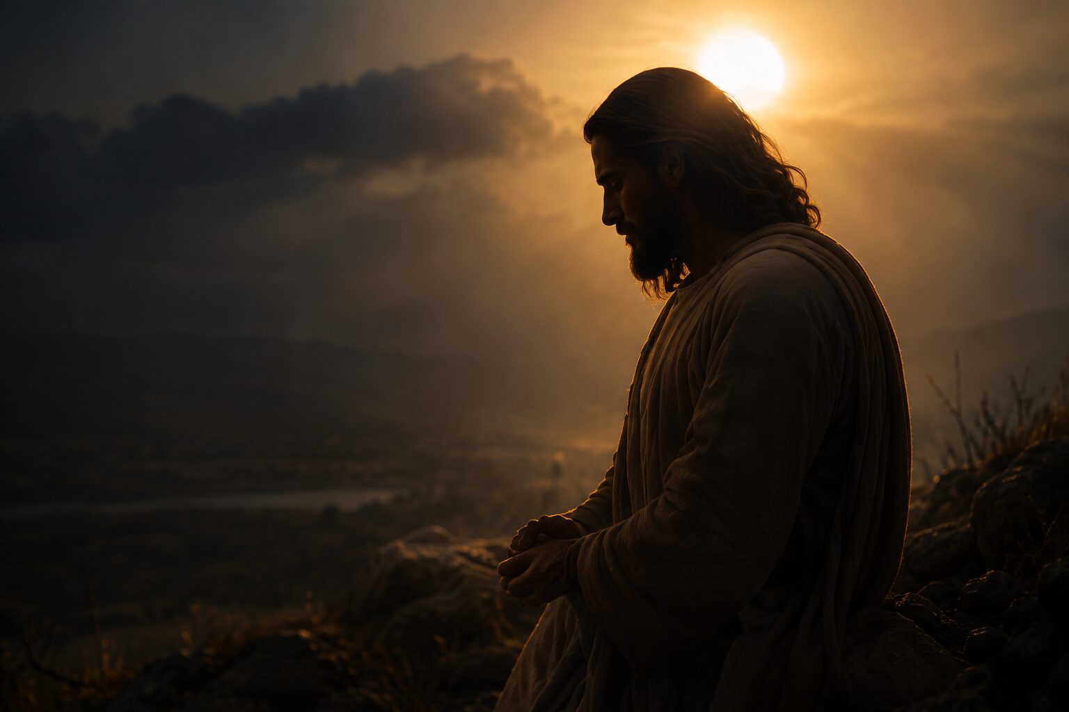 Jesus seated on a rocky hillside at sunset, head bowed in prayer